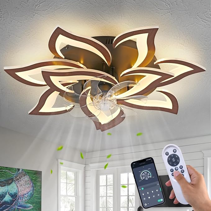 HuixuTe 32" Modern Wood Geometric Ceiling Fan with Lights Remote Control, LED Low Profile Ceiling Fan with Light for Living Room