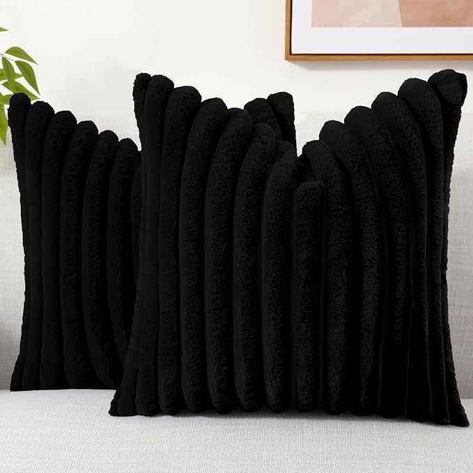 decorUhome Faux Fur Spring Throw Pillow Covers 22x22 Set of 2, Decorative Soft Plush Striped Neutral Couch Euro Sham Pillow Covers with Velvet Back for Sofa, Bed, Living Room Home, Black