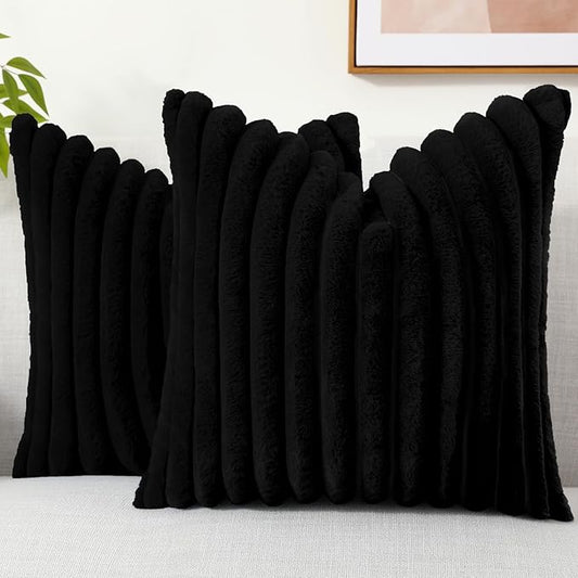 decorUhome Faux Fur Spring Throw Pillow Covers 20x20 Set of 2, Decorative Soft Plush Striped Neutral Couch Pillow Covers with Velvet Back for Sofa, Bed, Living Room Home, Black