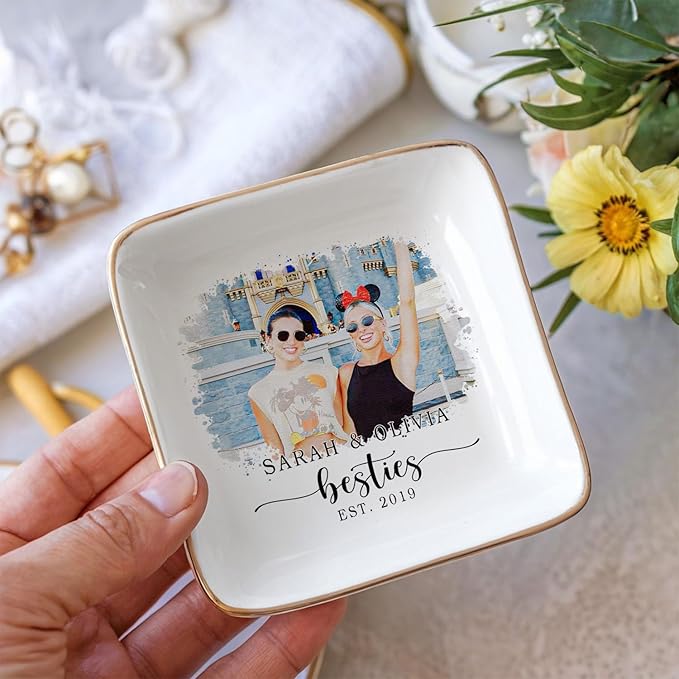 Custom Photo Watercolor Friend Ring Dish, Personalized Bestie Jewelry Dish, Soul Sister Trinket Dish Gift for Long Distance Friendship Women BFF Christmas Birthday Wedding Gift