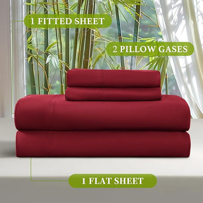 Shilucheng 100% Viscose Derived from Bamboo_ Sheets Queen Size 4pcs - Ultra Cooling & Silky Soft Bed Sheets, 16" Deep Pocket, Perfect for Hot Sleepers, Hotel Bedding Sheets (Burgundy)