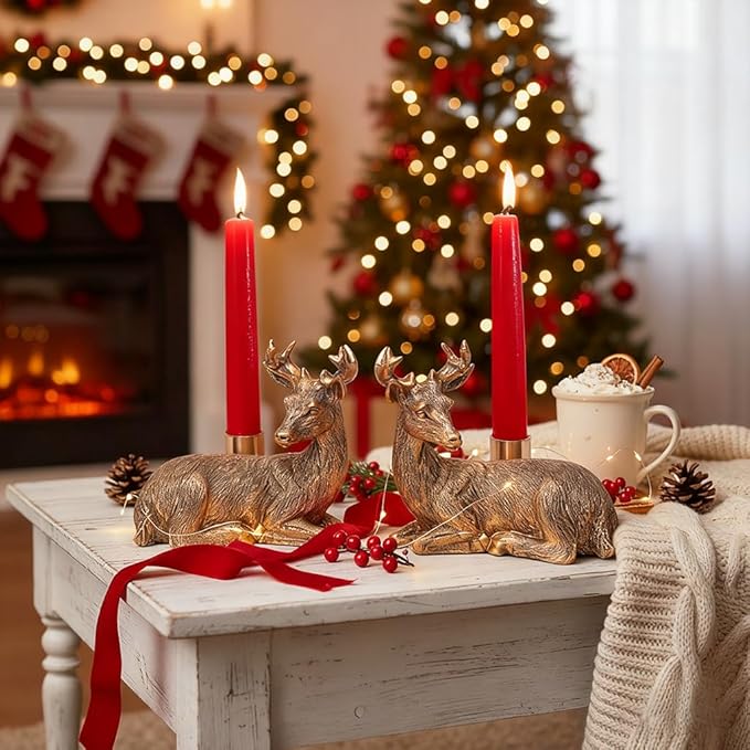 Gold Animal Candle Holders - Deer Set of 2 Vintage Rustic Pedestal Candlesticks,Holiday & Themed Decor, Easter Decorations, Centerpieces for Fireplace Mantle & Dining Table