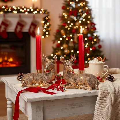 Gold Animal Candle Holders - Deer Set of 2 Vintage Rustic Pedestal Candlesticks,Holiday & Themed Decor, Easter Decorations, Centerpieces for Fireplace Mantle & Dining Table