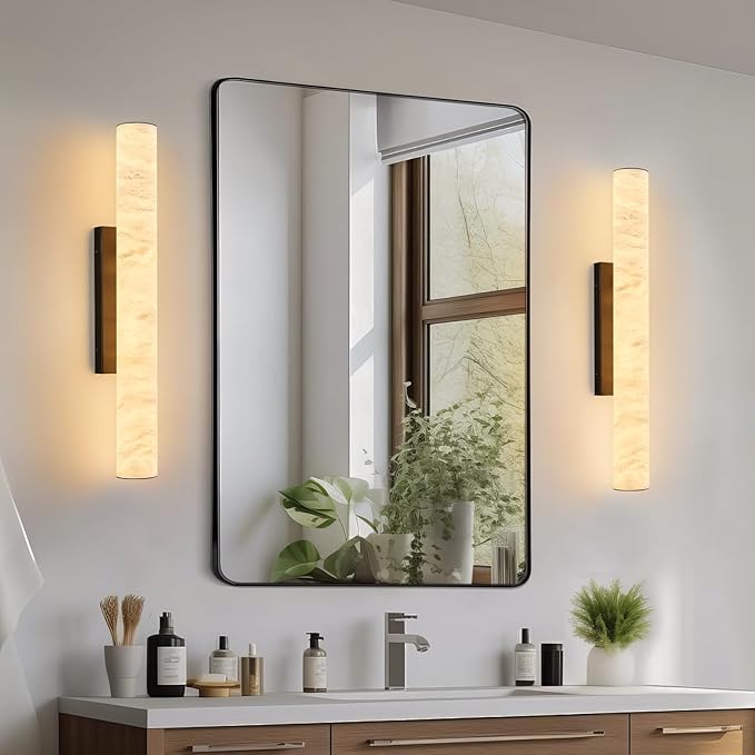 LMQNINE Natural Alabaster Wall Sconces Set of Two Spanish Marble Wall Light Cylinder Modern Black LED Sconce for Living Room Bedroom Bathroo Stairs（M-2Pack）