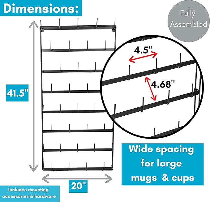 BIRDROCK HOME 36 Peg Coffee Mug Organizer Wall - 8 Tier Wall Mounted Coffee Mug Holder - Tea Cup Display Shelf Wall Mounted - Heavy Duty Decorative Kitchen Bar Organizer Flat Metal Steel Rack - Black