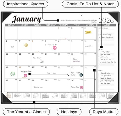 Ospelelf Large Desk Calendar 2026-2027 with PU Leather Pad, 18 Months Planner Pad from January 2026 - June 2027, 22" x 17" Wall Calendar with Protective Cover for Home or Office, Black
