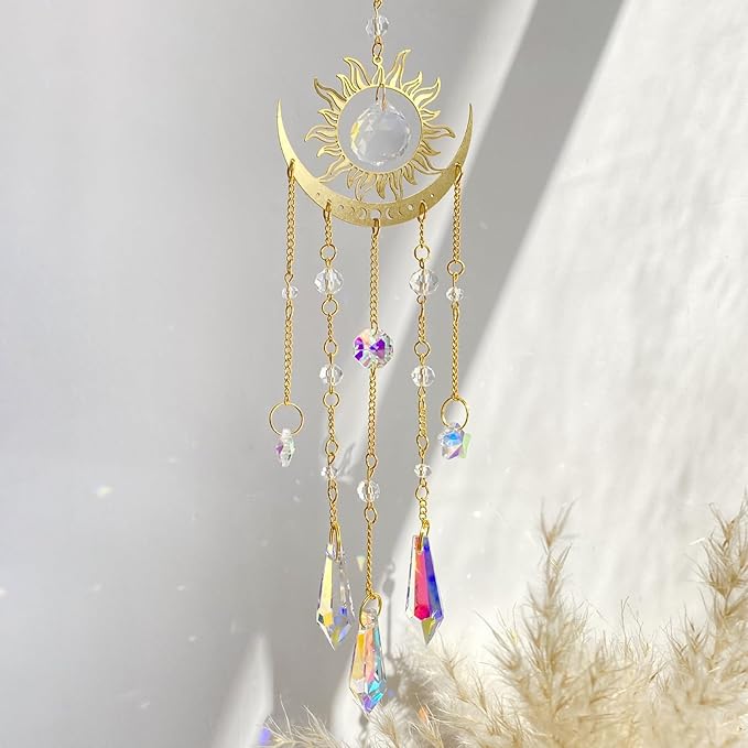Artilady Suncatcher Crystal Wind Chimes - Large Sun and Moon Sun Catcher for Windows Hanging Prism Crystals Boho Home Garden Backyard Room Ceiling Decor Christmas Birthday Gift for Women