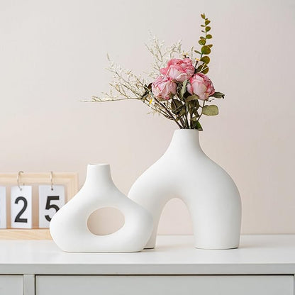 White Ceramic Modern Flower Vase, Nordic Coffee Table Home Decor Vases for Bookshelf, Minimalist Centerpiece, Living Room, Entry Way, Dining Tables, Desk