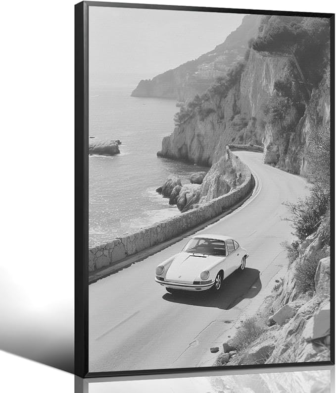 Black and White Photography Canvas Wall Art, Car Driving In Amalfi Coast Poster, Vintage Italy Coastal Travel Photo Print, Classic Car Picture for European Road Adventures 8x12in Framed