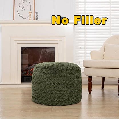 Unstuffed Ottoman Pouf Cover – Round Faux Fur Footstool Plush Floor Pouf (No Filler Included) Perfect for Living Room, Bedroom, or Office Lounge (Green, 20x20x15 in)