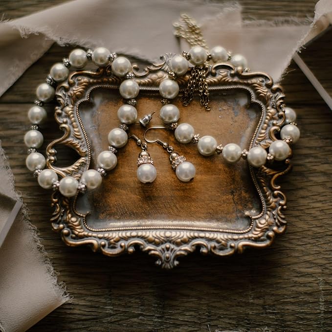 Small Antique Tray Jewelry Ring Dish, French Decor Gold Vintage Trinket Jewelry Holder, Antique Home Decor Display Trays Gifts for Women, Wedding, Birthday, Mother's Day Gifts for Women