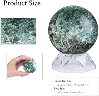 Natural Moss Agate Crystal Ball with Acrylic Display Base, 61-70mm Polished Stone Feng Shui Crystal Sphere Meditation Decoration for Home & Office