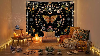 Aipon Orange Butterfly Moon Flower Tapestry Botanical Floral Plant Boho Tapestry for Bedroom Aesthetic Vintage Tapestries Wall Hanging for Living Room Dorm (60.00'' × 80.00'', Orange)