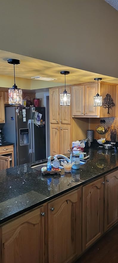2 Pack 1 Light 5.3" Crystal Hanging Kitchen Island Pendant Light Black Finish,Concise Pendant Fixture Crystal Plate Metal Shade for Bar,Dining Room,Living Room Over Sink