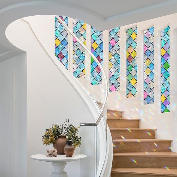 rabbitgoo Stained Glass Window Film Rainbow Film Decorative 3D Privacy Sticker Colorful Lattice Window Decals Cling, Sun Catcher Static Decals for Home 29.5" x 118.1"