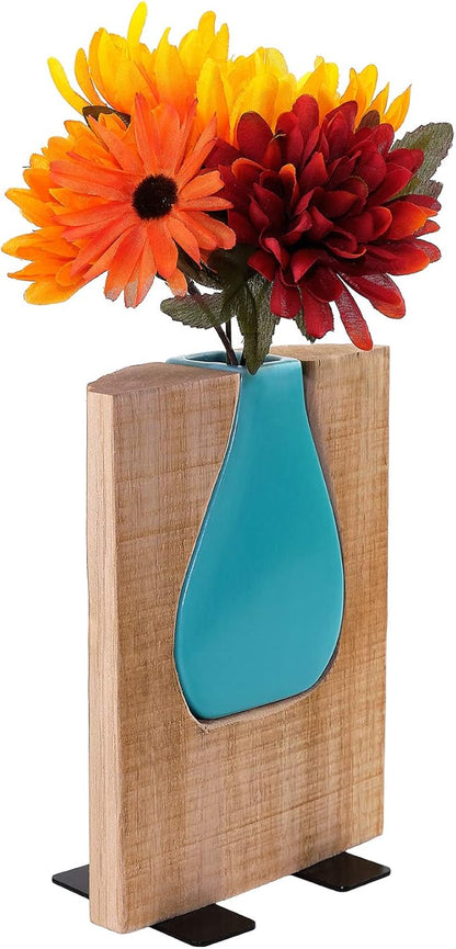 Excello Global Products Matte Teal Glass and Wood Vase - Rustic Flower Vase Decorative Centerpieces for Dining Room Table Coffee Tables Vintage Farmhouse Decor (Short - 8" x 6")