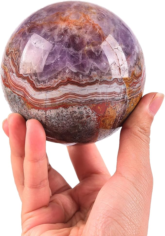 JIC Gem Natural Amethyst Agate Crystal Sphere with Wooden Stand Amethyst Decorative Crystal Gemstone Sphere for Meditation Feng Shui Witch-Style Decor Table 70-80mm