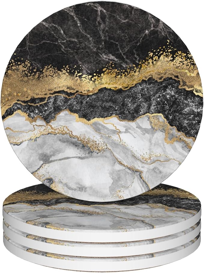 Drink Coasters Set of 4,Black Gold Marble Coasters for Drinks Ceramic Coasters with Cork Bottom for Kinds of Mugs and Cups,Home Decor,4''