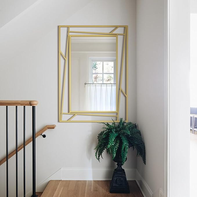 Brushed Gold Bathroom Mirror, 28''X20'' Rectangular Wall Mirrors with Geometric Metal Frame for Bathroom Bedroom Living Room, Hang Horizontally or Vertically