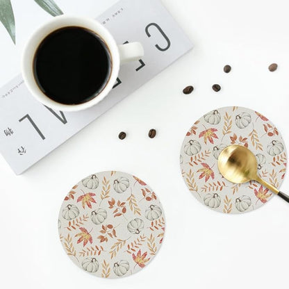 Fall Pumpkin and Leaves Coaster Set of 4 Autumn Cup Coasters for Drinks Thanksgiving Waterproof Wipeable PVC Round Coasters Mat for Coffee Beer Wine Outdoor Patio Table Bar Desk Seasonal Desk Decor