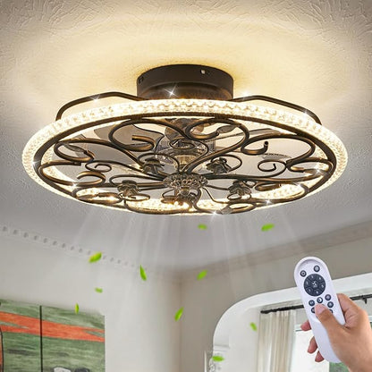 Black Flower Caged Ceiling Fan with Light, Rustic Industrial Ceiling Fan with Lights and Remote, LED Low Profile Ceiling Fan with Light for Bedroom Kitchen Living Room