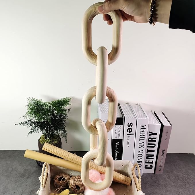 Wood Chain Link Decor, Shelf Decor Accents 5 Link Chain Boho Pine Wood Carved Modern Home Decor，for Farmhouse Living Room Bedroom Bookshelf Porch Coffee Table Decor(Wood Color)