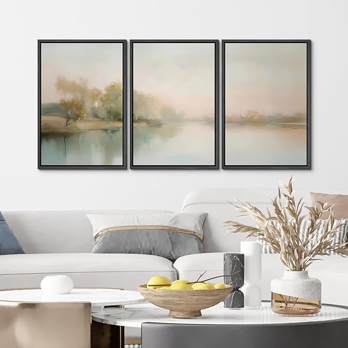 MUDECOR Framed Wall Art Print Set Soft Pastel Landscape Serene Waters and Reflections Illustrations Modern Art Boho Decorative Colorful Chic for Living Room, Bedroom, Office - 24"x36"x3 Black