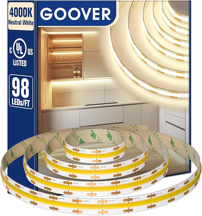 GOOVER COB LED Strip Lights 16.4ft, 4000K Natural White DC 12V Dimmable Tape Light, Ra 95+,150+LM/FT, 98 LEDs/ft, 2.2W/ft, 1600 LEDs, UL Listed for Cabinets,Bedroom(Power Supply Sold Separately)