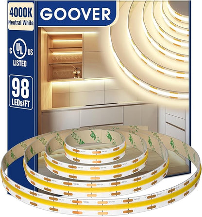 GOOVER COB LED Strip Lights 16.4ft, 4000K Natural White DC 12V Dimmable Tape Light, Ra 95+,150+LM/FT, 98 LEDs/ft, 2.2W/ft, 1600 LEDs, UL Listed for Cabinets,Bedroom(Power Supply Sold Separately)