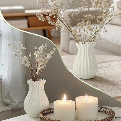Large White Vintage 9 Inch Pleated Ceramic Vase Sour Cream Stylish Decorative Flower Vase for Bouquet Home Farmhouse Living Room Cabinet Table Centerpieces Kitchen Shelf Wedding Decorations