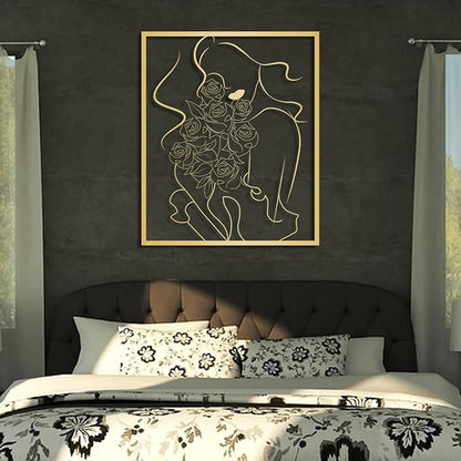 RUNBOAT Metal Women Floral Wall Art - Modern Abstract Metal Line Wall Art, Minimalist Flower Wall Decor, Female Room Decor for Bedroom, Living Room (Silver, 39x33in|100x83cm)