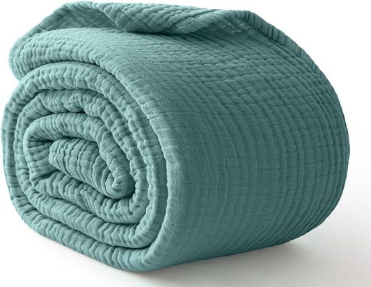 100% Cotton Muslin Blanket Queen 90" x 90", 6 Layers Breathable and Lightweight Cotton Throw Blanket for Bed, Soft Quilt Bedspread Coverlet, Gauze Blanket for Adults All Season, Teal