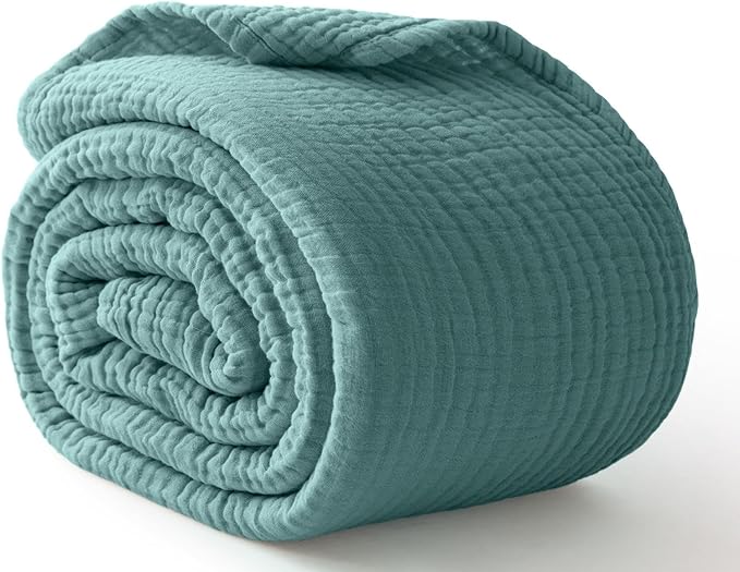 100% Cotton Muslin Blanket Large 50" x 70", 6 Layers Breathable and Lightweight Cotton Throw Blanket for Bed and Couch, Soft Quilt Bedspread, Gauze Blanket for Adults All Season, Teal