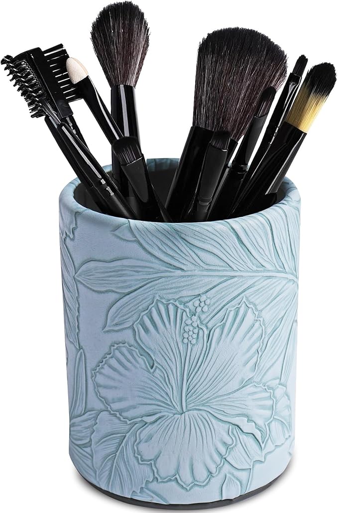 PU Leather Pen Holder Round Flash Makeup Brush Holder Desktop Pencil Storage Holder Gift for Desk Office Classroom Home(1-Carved Blue)