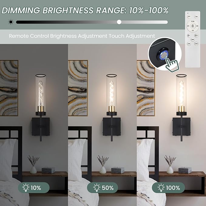 Wall Sconces,Battery Operated Wall Sconce 10400mAh Black and Gold Fast Chargin Endurance 150 Hours Infinitely Dimmable with Remote Control Wireless Wall Lights for Bedroom Living Room Hallway