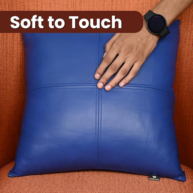 LL LEATHER LOVERS Lambskin Leather Pillow Cover, Hand Panel Stitched Leather Decorative Throw Pillow Covers for Couch Sofa Bed Living Room Garden (16x16 Inches, Deep Blue Pack of 2)