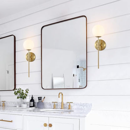 Gold Wall Sconce Set of 2 with White Globe Glass Shades Modern Mid Century Bathroom Vanity Wall Light Fixtures Industrial Brushed Brass Wall Lamp for Bedroom Mirror Living Room Restaurant