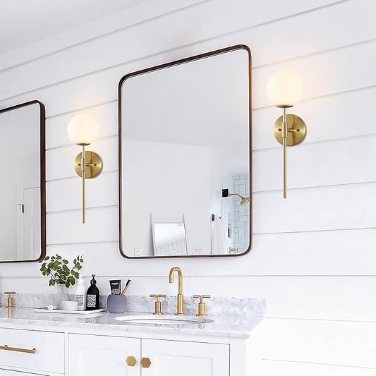 Gold Wall Sconce Set of 2 with White Globe Glass Shades Modern Mid Century Bathroom Vanity Wall Light Fixtures Industrial Brushed Brass Wall Lamp for Bedroom Mirror Living Room Restaurant