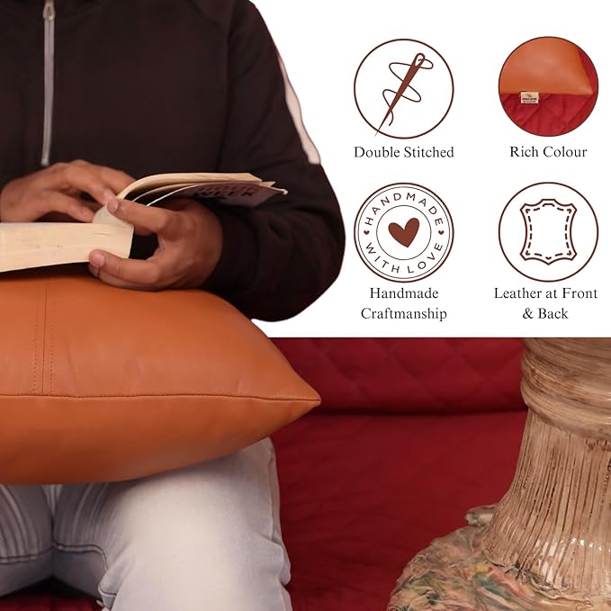 Lambskin Leather Pillow Cover, Hand Panel Stitched Leather Decorative Throw Pillow Covers for Couch Sofa Bed Living Room Garden (18x18 Inches, Tan Plain Pack of 2)