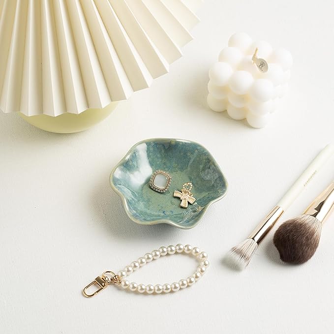 Ceramic Ring Dish, Jewelry Dish Holder, Small Trinket Tray Plate for Earrings Rings Necklaces Keys, Gift for Mom Friend Sister on Birthday Mother's Day Christmas (Cyan Surface)