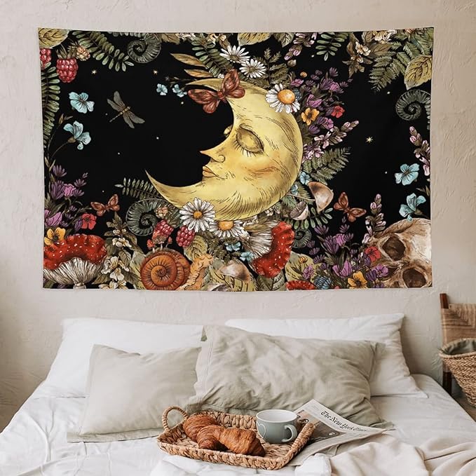 Boho Moon Tapestry Wall Hanging,Vintage Sun and Moon Skull Hippie Mushroom Floral Plant Tapestries for Dorm Living Room Bedroom Decor(40"x60")