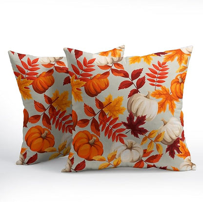 Pumpkin Fall Pillow Covers 22x22 Set of 2 Orange Beige Autumn Thanksgiving Pillow Cases Maple Leaf Print Outdoor Decorative Holiday Cushion Cover Rustic Decoration Farmhouse Home Sofa Couch Bed Decor