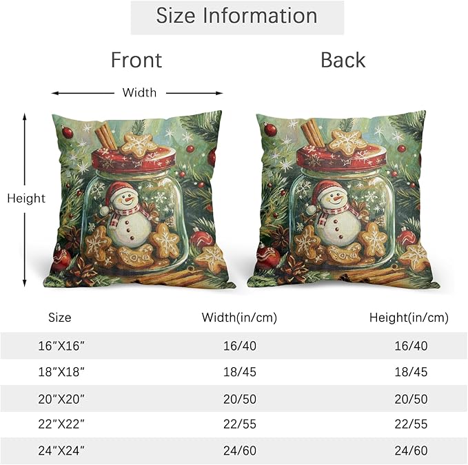 Christmas Pillow Covers 16x16 Set of 2 Green Snowman Throw Pillow Covers Winter Pillowcase Linen Decoration Farmhouse Snowflake Bell Cozy Soft Cushion Case Couch for Indoor Outdoor Home Decor