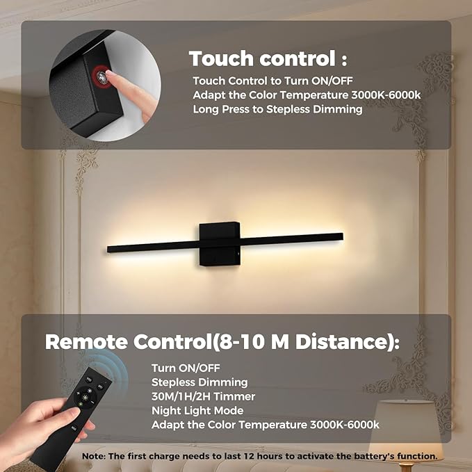 Black Battery Operated Wall Sconces Set of two Wireless，Modern Rechargeable Wall Lights Set of 2 with 10000mAh，Dimmable Led Wall Lamps for Living Room Bathroom Bedroom Hallway Bedside Headboard