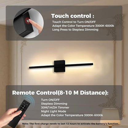 Black Battery Operated Wall Sconces Set of two Wireless，Modern Rechargeable Wall Lights Set of 2 with 10000mAh，Dimmable Led Wall Lamps for Living Room Bathroom Bedroom Hallway Bedside Headboard