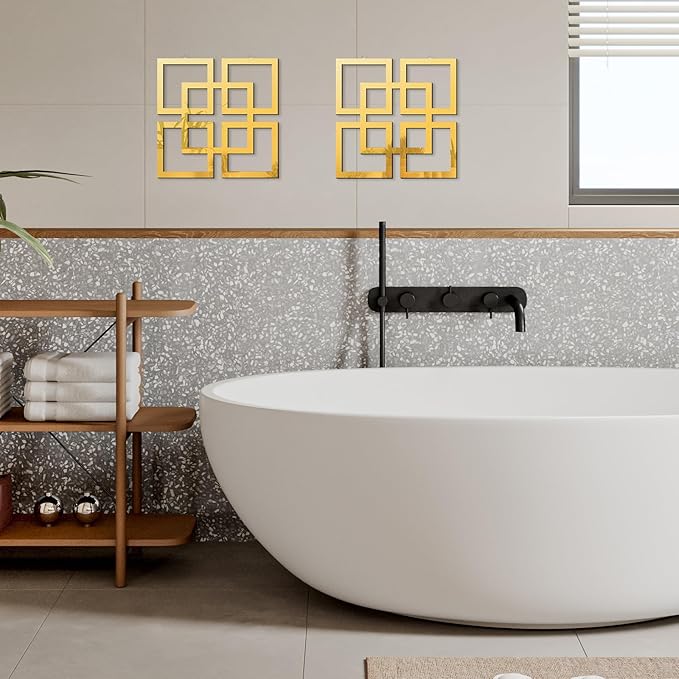 flangairy 2 Piece Gold Geometric Wall Mirrors, 11.8 Inch Wooden Frame Acrylic Mirror Decor for Bathroom Bedroom Living Room Modern Farmhouse Home Decorations