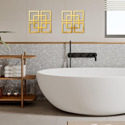 flangairy 2 Piece Gold Geometric Wall Mirrors, 11.8 Inch Wooden Frame Acrylic Mirror Decor for Bathroom Bedroom Living Room Modern Farmhouse Home Decorations