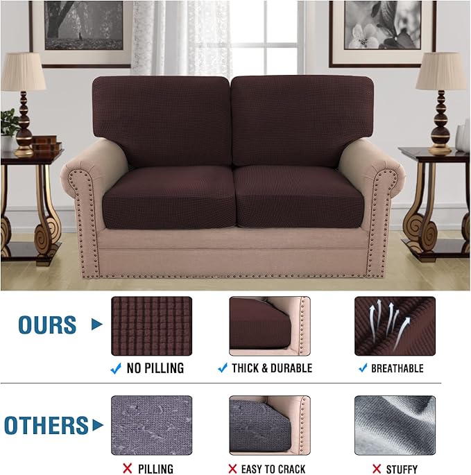 H.VERSAILTEX Multi-Pieces Loveseat Covers for 2 Cushion Couch High Stretch Couch Cushion Covers Jacquard Textured Twill Fabric(2 Seat Covers Plus 2 Back Cushion Covers, Chocolate)