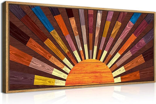 IARTTOP Extra Large Boho Sun Wood Wall Art for Living Room Wooden 3D Framed Abstract Sun Rising on the Horizon Geometric Wall Decor Mid century Sunshine Artwork Home Bedroom Office20 * 40 Inch