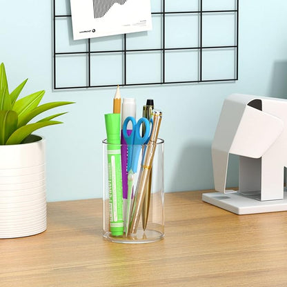 NIUBEE Clear Acrylic Pen Holder for Desk, Round Acrylic Pencil Cup Holder Makeup Brush Organizer, Desk Organizer for Office Desk Accessory - 4 Pack